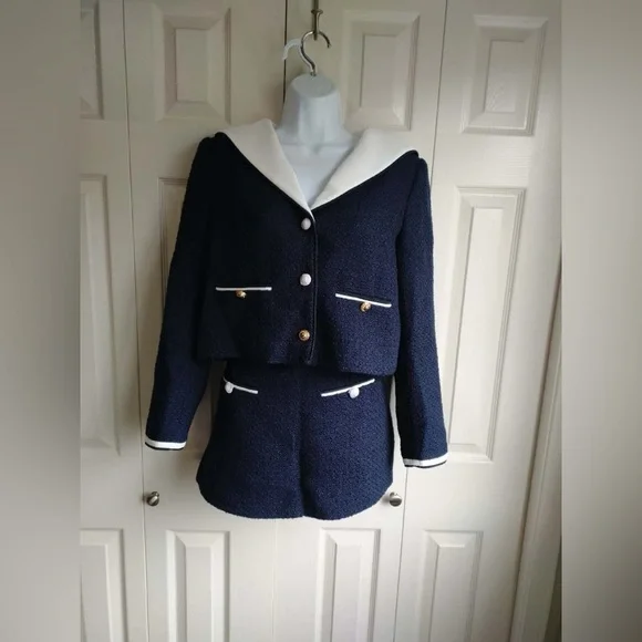 New Self-Portrait Navy and White Tweed Blazer Short Set - Picture 5 of 16